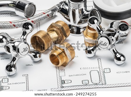 Spare Parts And Tools Lying On Drawing For Repair Plumbing Spare Parts And Tools Lying On Drawing For Repair Plumbing
