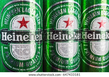Moscow, Russia - April 13, 2017: Heineken beer global brand. Heineken Lager Beer is the flagship product of Heineken