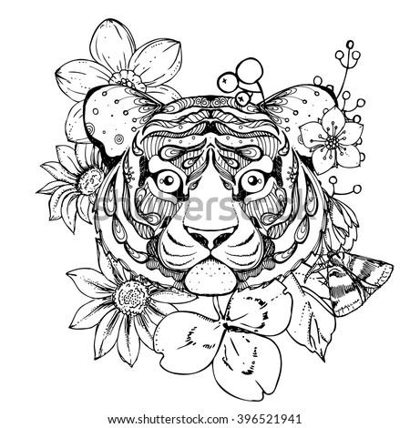 Hand Drawn Ink Doodle Tiger And Flowers On White Background Coloring Page
