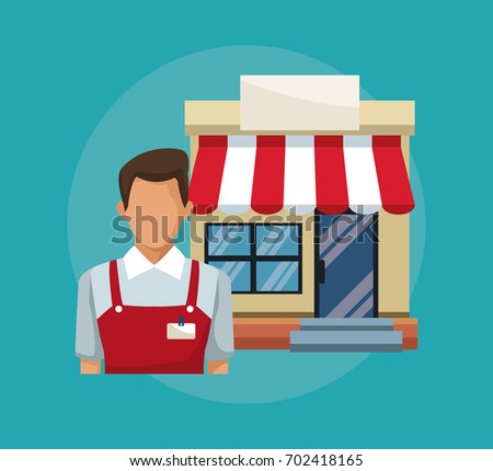 color background with salesman and facade store awning