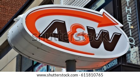 MONTREAL QUEBEC CANADA 03 30 17: Sign of A&W Food Services of Canada, Inc. is a Canadian fast food restaurant chain was part of the U.S. based A&W Restaurants chain, but was sold to Unilever in 1972,