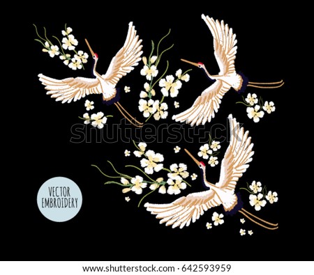 embroidery japanese flowers bird pattern textile stock embroidery japanese flowers bird pattern textile stock