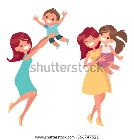 Mother with kids flat vector illustrations, isolated on white background. Mom holding her daughter and plays with her son.