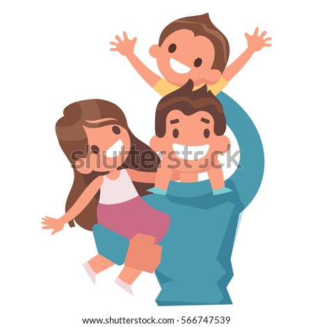 Dad with kids flat vector illustrations, isolated on white background. Dad keeps son on his shoulders.