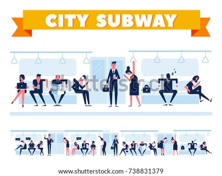 City Public Transport. Passengers in city subway, inside underground train. Flat Vector illustration. Info graphics elements.