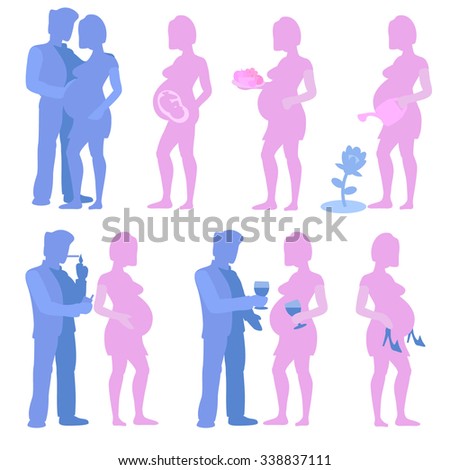 A man stands near pregnant woman. Pregnant woman carrying fruit and watering flowers from a can. A man offers a cigarette and give wine to a pregnant women. Pregnant takes off her shoes on high heels.