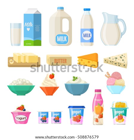 Vector collection of dairy products in flat style including milk, butter, cheese, yogurt, cottage cheese, sour cream, ice cream, cream, isolated on white.
