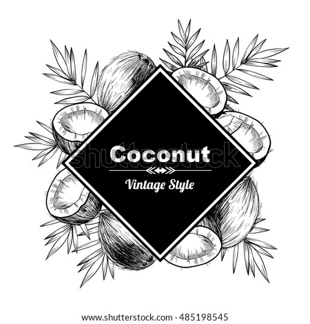 Vector frame with coconuts and tropical leaves .Hand drawn. Vintage style