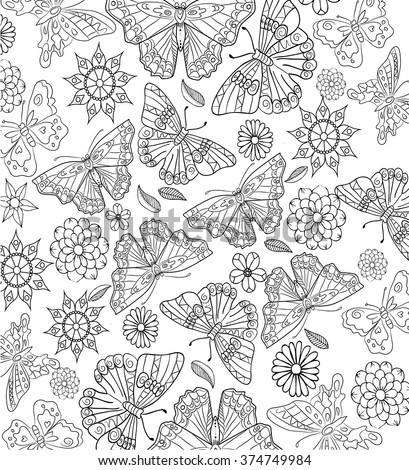 hand drawn butterfly flower background isolated stock