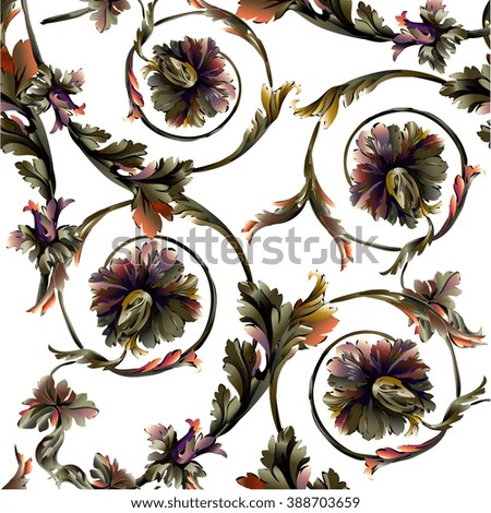 Baroque pattern with colorful branch and scrolls on white background