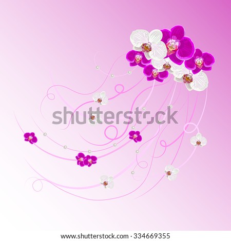 Arrangement of orchid flowers and pearls on pink background for greeting card or invitation design.