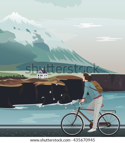 Landscape with a high mountain, cute house and north sea. Man on bicycle riding on road. Norway mountain view. Vector illustration