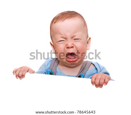 The crying boy, on white background, with empty place for your text