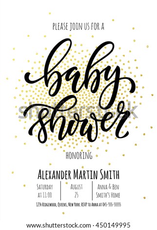 Baby Shower invitation card template. Classic black calligraphy vector lettering. White background with golden polka dot decoration.