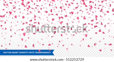 Heart confetti of Valentines petals falling on transparent background. Flower petal in shape of heart confetti for Women's Day