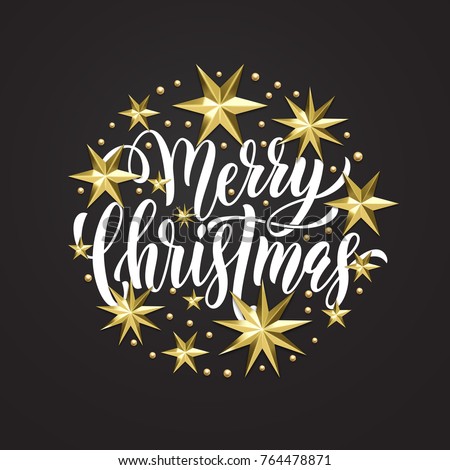 Calligraphic Merry Christmas Lettering Decorated Gold Stock Vector