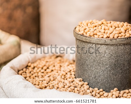 soy bean in gray tin can and white sack, selective focus