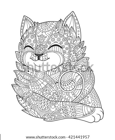 Cat black white vector zen art hand drawn fat fluffy animal portrait in zentangle Cat black white vector zen art hand drawn fat fluffy animal portrait in zentangle