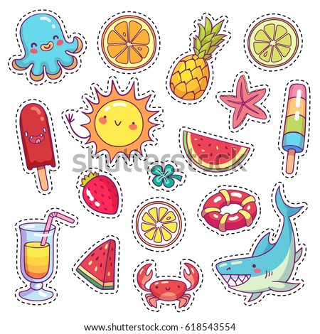 sticker vector 90s Vector Cute Stock Children Stickers Set Sea Cartoon