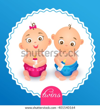 Newborn Twin  Babies  Boy Girl Greeting Stock Vector 