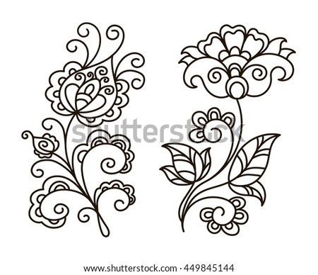 Vector Contour Black And White Illustration Set Flower Design Element