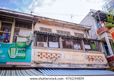 AnGiang, Vietnam - Aug 17, 2016: the balcony of an old house on Phan Dinh Phung Street, Long Xuyen city, An Giang province.