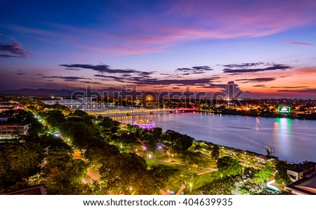 Beautiful sunset in Huong River, and Trang Tien Bridge is the most beautiful bridge in Hue in Vietnam Huong River and Trang Tien Bridge in Hue city, Vietnam Unesco World Heritage Site