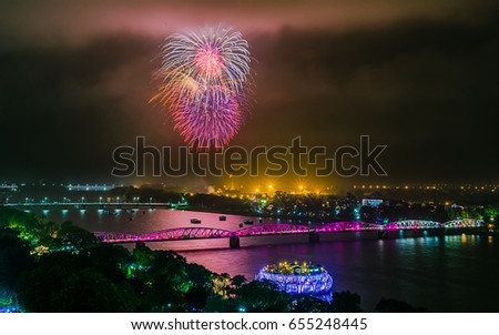 Beautiful Firework in Huong River, and Trang Tien Bridge is the most beautiful bridge in Hue in Vietnam Huong River and Trang Tien Bridge in Hue city, Vietnam Unesco World Heritage Site