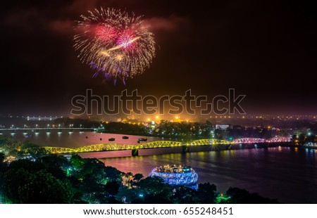 Beautiful Firework in Huong River, and Trang Tien Bridge is the most beautiful bridge in Hue in Vietnam Huong River and Trang Tien Bridge in Hue city, Vietnam Unesco World Heritage Site