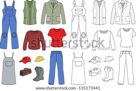 Worker, plumber man, woman colored outlined fashion set isolated on white background