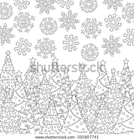 Vector Hand Drawn Snowflakes Christmas Tree Illustration For Adult Coloring Book Freehand Sketch