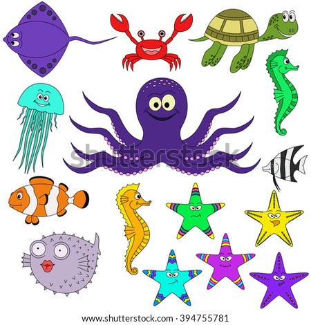 Vector Sea Animals Cartoon Set Separate Stock Vector 95729716 ...