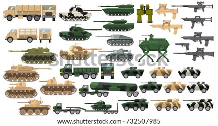 Modern army military tanks and World War II with towers and guns. Infantry fighting vehicle and cars with machine guns. Self-propelled artillery cannons. Trucks. Firearms. Rifles and guns.