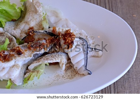 Thai food, Boiled Red Tailed Mystu fish fillet.