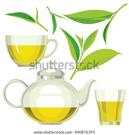 Green tea leaves, tea, kettle, cup, glass, flat illustration, set