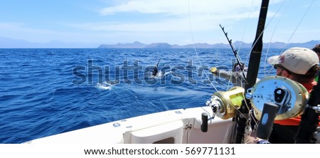 Big game fishing. Caught a marlin jumping near the boat.