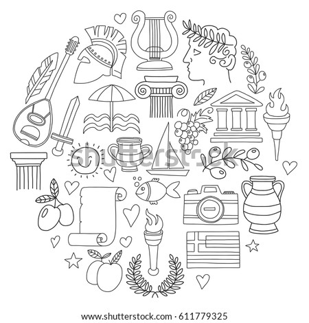 ancient greece vector elements in doodle style for coloring pages travel history music