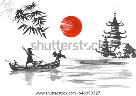 Japan Traditional Japanese Painting Sumie Art Stock Illustration ...