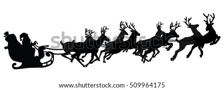 Santa flying in a sleigh with reindeer. Vector illustration. Isolated object. Black silhouette. Christmas. New Year.