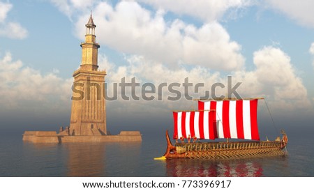 Lighthouse of Alexandria and ancient Greek warship
Computer generated 3D illustration