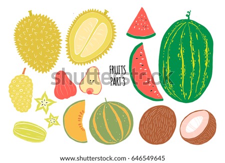 Hand drawn tropical and exotic fruits isolated on white background in unique trendy organic style. Vector illustration for menu design, packaging, cooking book.
