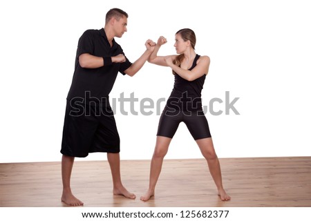 Young Barefoot Woman Practising Kick Boxing Stock Photo 125682377 ...