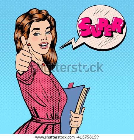 https://thumb7.shutterstock.com/display_pic_with_logo/3810311/413758159/stock-vector-pop-art-happy-woman-student-with-books-gesturing-thumbs-up-comic-speech-bubble-vector-illustration-413758159.jpg
