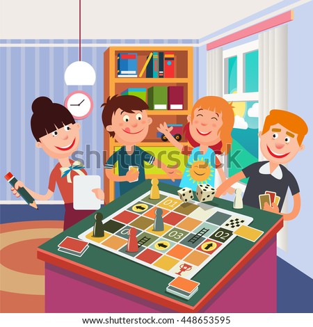 Happy Family Playing Board Game At Home Vector Illustration Happy Family Playing Board Game At Home Vector Illustration