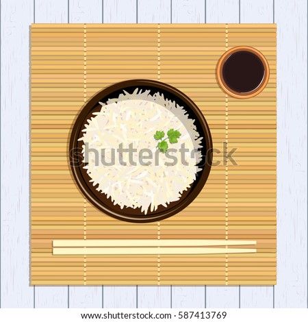 Rice in ceramic bowl with chopsticks and parsley green twig and sause. Kitchen bamboo mat on distressed white timber. Vector illustration. For culinary, cafe, fastfood, shop, restaurant. Logo, poster