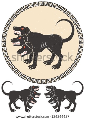 Cerberus Stylized: Stylized illustration of Cerberus. 2 additional versions over white background below.