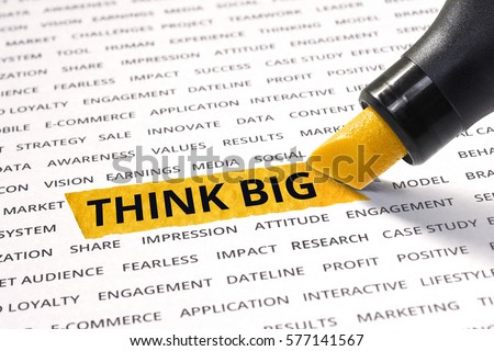 Think big word highlighted with marker on paper of other related words.For strategy and business concept ideas.