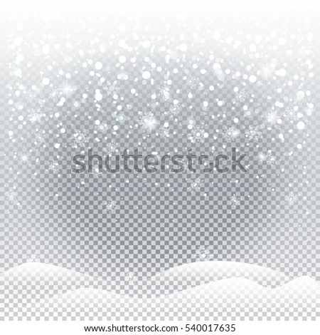 Falling snow, white snowflakes, transparent background. Winter Holiday landscape for Merry Christmas and Happy New Year greeting cards. Christmas decoration. Vector illustration.