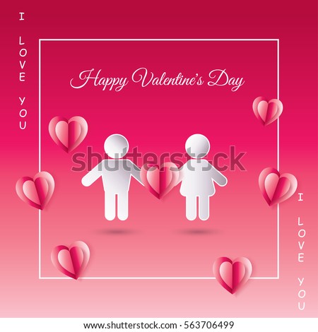 Valentine's day calligraphy gift card with paper cut heart shape men and woman on pink background. Romantic Holiday Love vector Print. Invitation, Anniversary Wedding card, advertising, silhouette