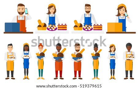 Baker offering different pastry. Baker standing at the counter with bakery products. Bakery owner holding basket with bread. Set of vector flat design illustrations isolated on white background.